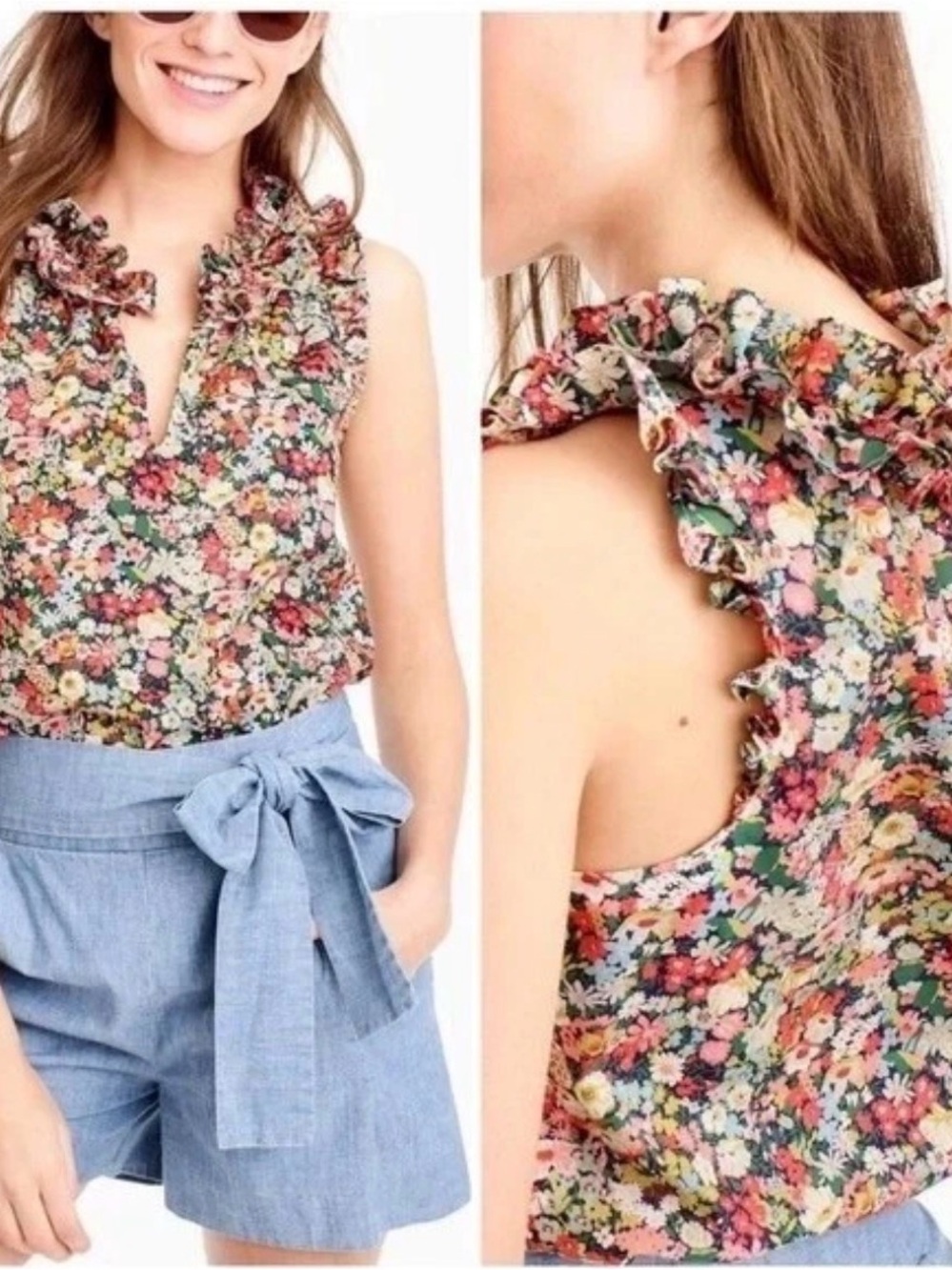 J Crew Liberty Thorpe Floral Ruffle Tank Top Cotton V Keyhole Cottage Sz 2 - Picture 2 of 9
